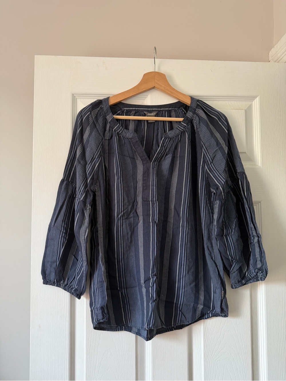 Eddie Bauer Women's Navy Striped Peasant Blouse
